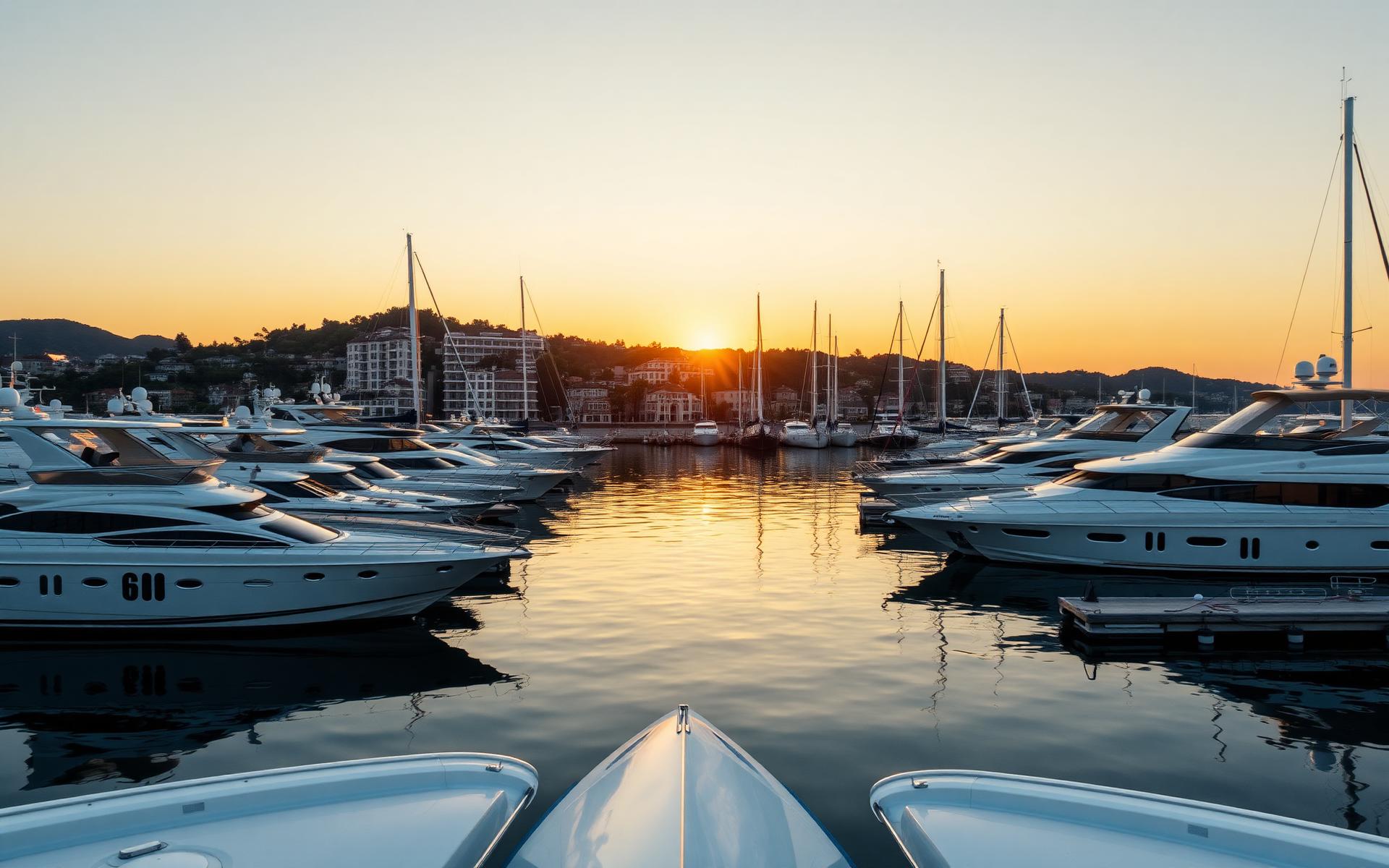 Luxury coastal harbour at golden hour