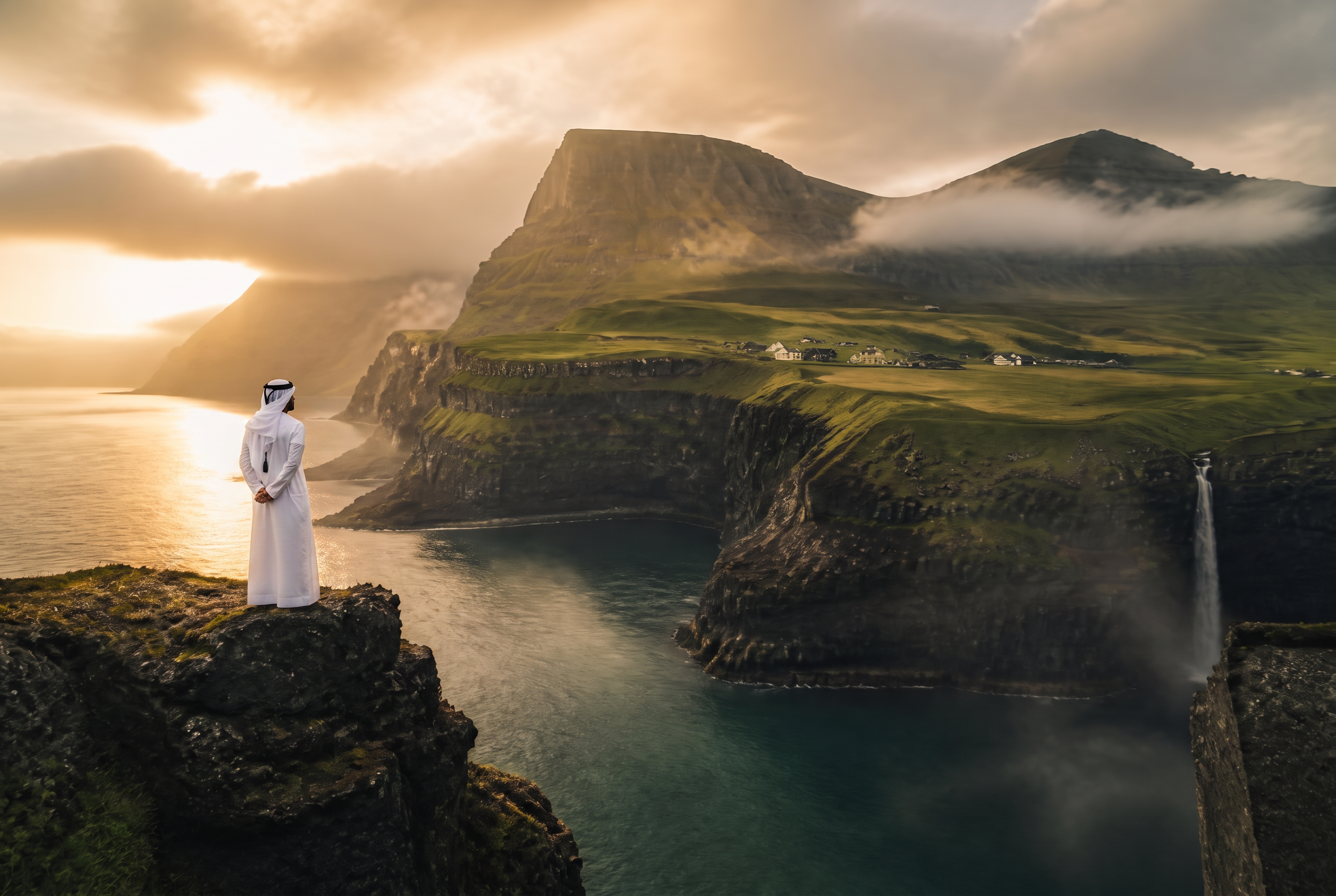 Traveler on a cliff overlooking dramatic fjords at golden hour