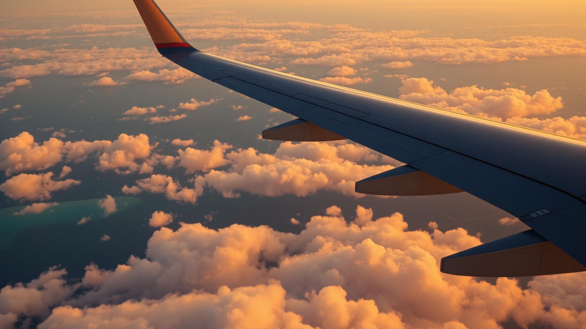 Widebody airliner cruising above golden sunset clouds
